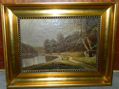 Oil Painting of people at the lake shore