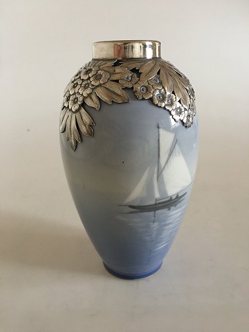 Royal Copenhagen Art Nouveau Vase No 47E with Sailboat Motif and A. Michelsen Sterling Silver Mounted Piece