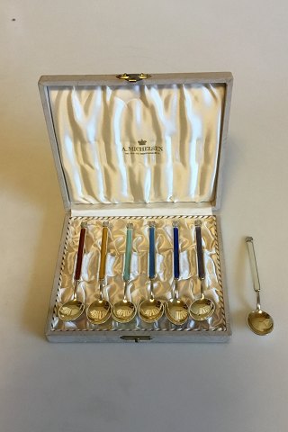A. Michelsen Set of 6 Gold Plated Sterling Silver Tea Spoons with colored Enamel in Box, plus one extra