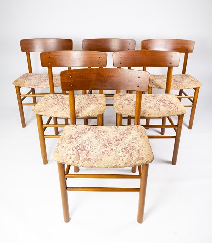 Sæt af seks Spisestuestole - Teak - Lyst Blomstret Stof - Dansk Design - 1960

