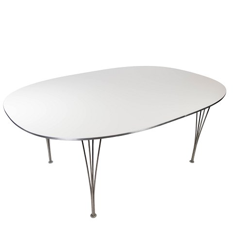 Super Ellipse dining table with white laminate designed by Piet Hein and Arne 
Jacobsen, and manufactured by Fritz Hansen in 1998. 
