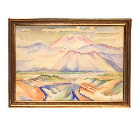 William Scharff akvarel. William Scharff, 
1886-1959, akvarel. Motiv i form af græske 
bjergtinder. Signeret og dateret 1927. Lysmål: 
34x48cm. Med ramme: 40x55cm