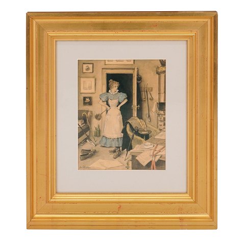Paul Fischer, 1860-1934, ink and water color. Maid 
in the study. Signed Paul Fischer. Visible size: 
24x19cm. With frame: 46x41cm