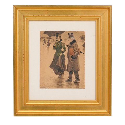 Paul Fischer akvarel. Paul Fischer, 1860-1934, 
Tusch og vandfarve. Spadserende par i regnvejr. 
Signeret Paul Fischer. Lysmål: 24x19cm. Med ramme: 
46x41cm