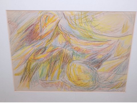Erik OrtvadOil-chalk painting with abstract shapes in warm colors from 1947