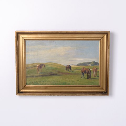 Painting “Horses in the Meadow” by Niels Christiansen in Gilt Frame