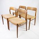 A set of four dining chairs, model 75, in oak and papercord designed by N.O. 
Møller from the 1960s. 
5000m2 showroom.
