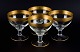 Rimpler Kristall, Zwiesel, Germany, four mouth-blown crystal champagne glasses with gold rim decorated with grapes and vine leaves.