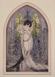 Louis Icart (1888-1950). Color lithograph on Japanese paper. Elegant woman with a bouquet of roses in a church.