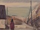Peder Brøndum Sørensen (1931-2003), Danish painter, oil on canvas. "Grey Day by the Sea." Modernist cityscape with figure.