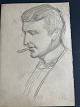 Tegning af Erick Struckmann - Portræt af cigaretrygende ...