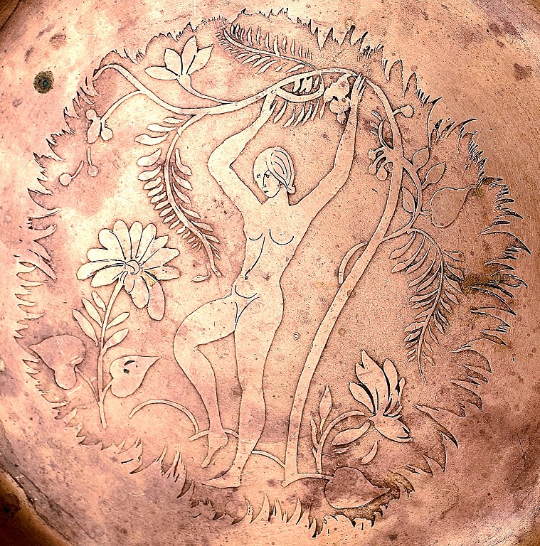Rare Just Andersen art deco bronze bowl, naked woman in landscape.Signed B 61.