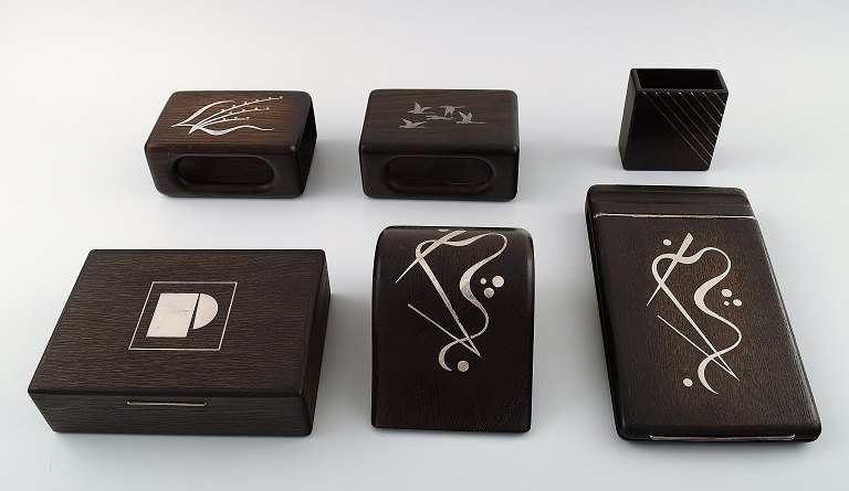 Danish design, set of 6 parts rosewood with silver inlay.Box, notepad and more.