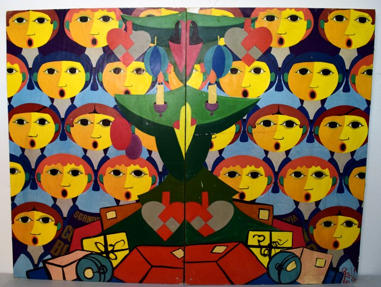 2 væghængte collager, af Bjørn Wiinblad (1918-2006) Collage og olie på plade.