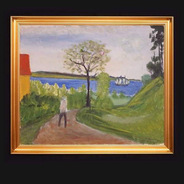 Jens Søndergaard, 1895-1957: "Fjorden ved .....", olie på lærred. Signeret og dateret 1952. Hidrørende fra boet efter Anelise Søndergaard. Lysmål: 66x79cm. Med ramme: 77x90cm