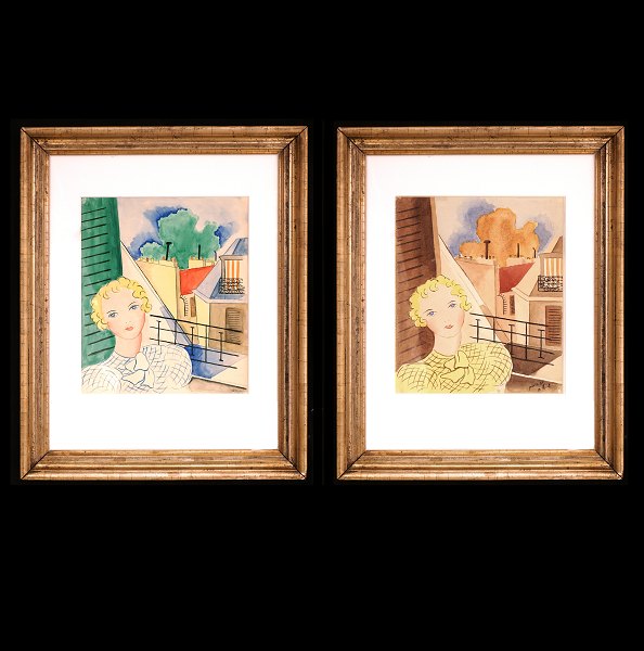 Rita Kernn-Larsen: Zwei Aquarelle. Paris 1934. Lichtmasse: 27x22cm. Mit Rahmen: 48x38cm