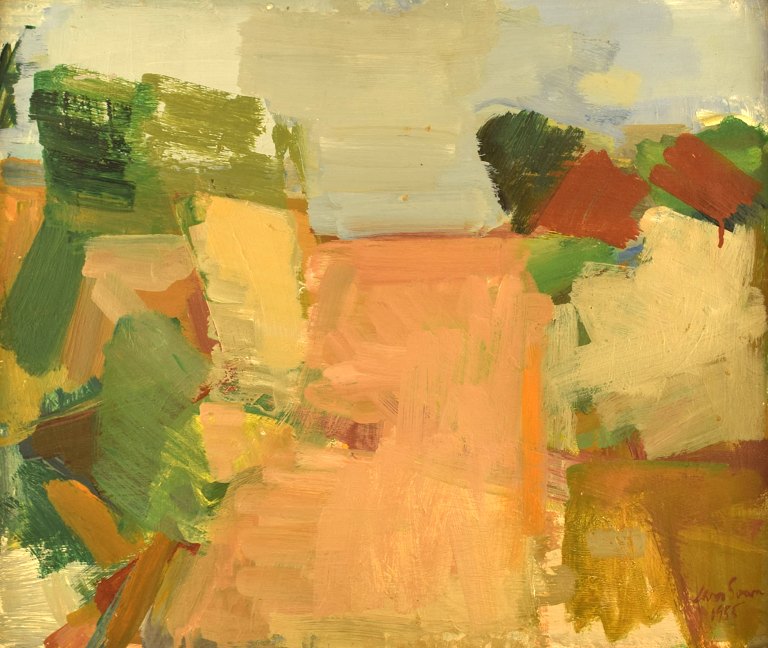 Lars Svan (1913-2003). Svensk kunstmaler. Olie på plade. Modernistisk landskab. 
Dateret 1955.