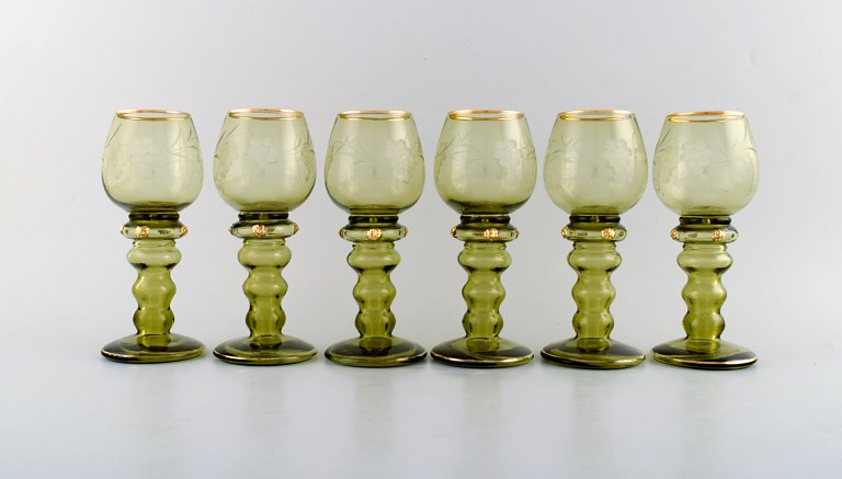 Rømer Glass. Six Bohemian wine glasses with engraved grapevines. Czech Republic, 
1940