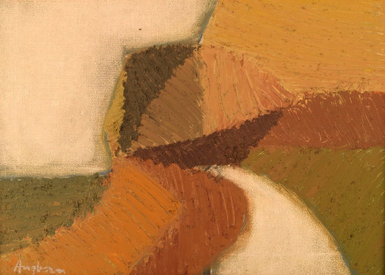 Sven Angborn  (1925 - ), Svensk kunstner. Olie på lærred. Modernistisk landskab. Ca. 1970.