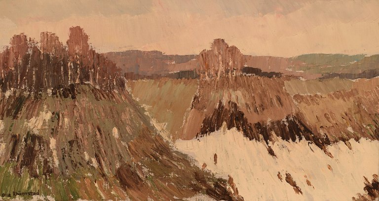 Olle Rhönnstad (1931-1981, Swedish artist. Oil on canvas. Modernist mountain landscape. 1960