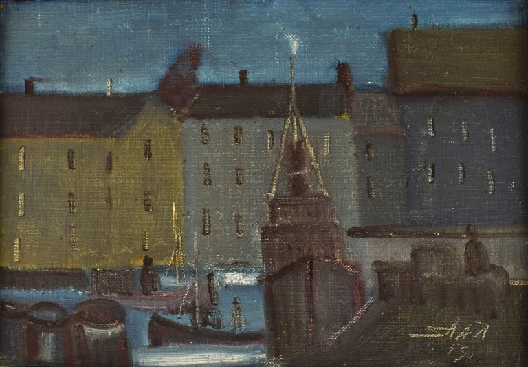Svend Aage Tauscher (1911-1984), Danish artist. Oil on board. Modernist urban motif of Copenhagen. Dated 1955.