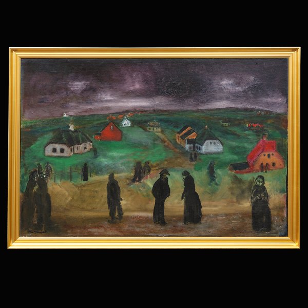 Jens Søndergaard, 1895-1957, "People at the Ocean". Signed and dated 1928. Visible size: 81x120cm. With frame: 91x130cm