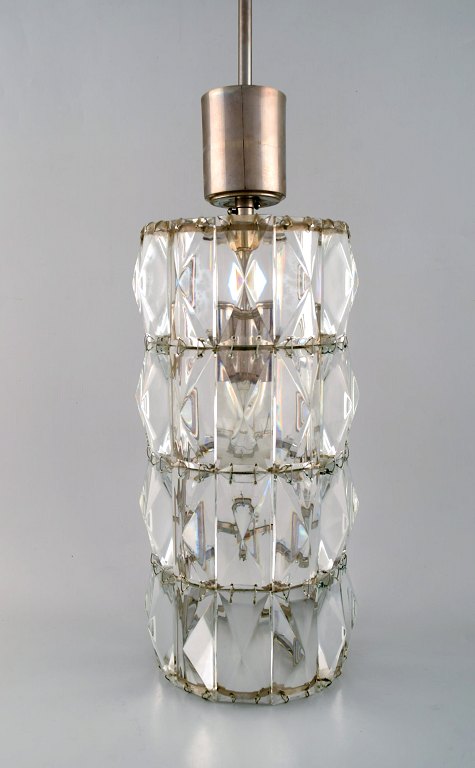 Kaiser Leuchten, Germany. Cylindrical Pendant / ceiling lamp. Metal body with crystal glass elements. 1960 / 70