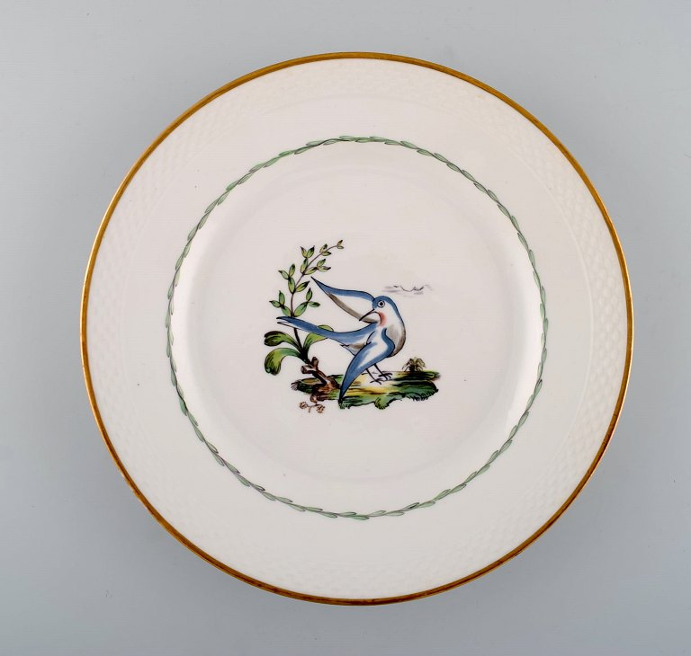 Royal Copenhagen dinner plate in hand-painted porcelain with bird motifs and gold decoration. Early 20th century. 31 pcs in stock.
