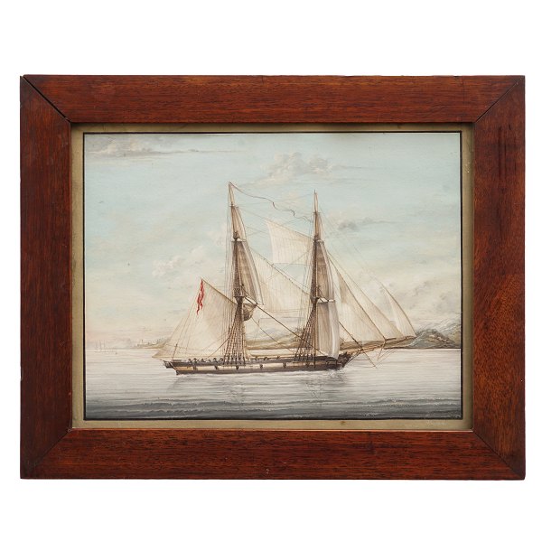 A small ship painting, watercolor. Signed "Petersen" circa 1860. Visible size: 
19x24cm. With frame: 25x30cm
