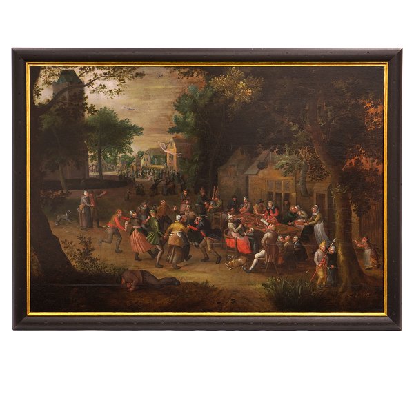 David Vinckboons circle: Village party. Holland circa 1620-30. Oil on canvas on plate. Visible size: 72x104cm. With frame: 72x104cm