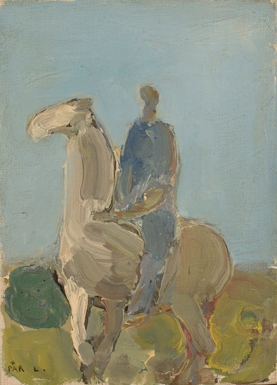 Pär Lindblad (1907-1981), Swedish artist. Oil on canvas. Man on horseback. Mid-20th century.