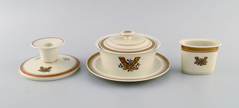 Royal Copenhagen Golden Horns. Candlestick, lidded bowl and small vase. 1960s.