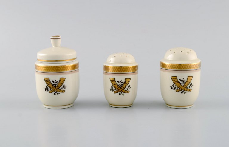 Royal Copenhagen Golden Horns. Mustard jar, salt and pepper shaker. 1960s.