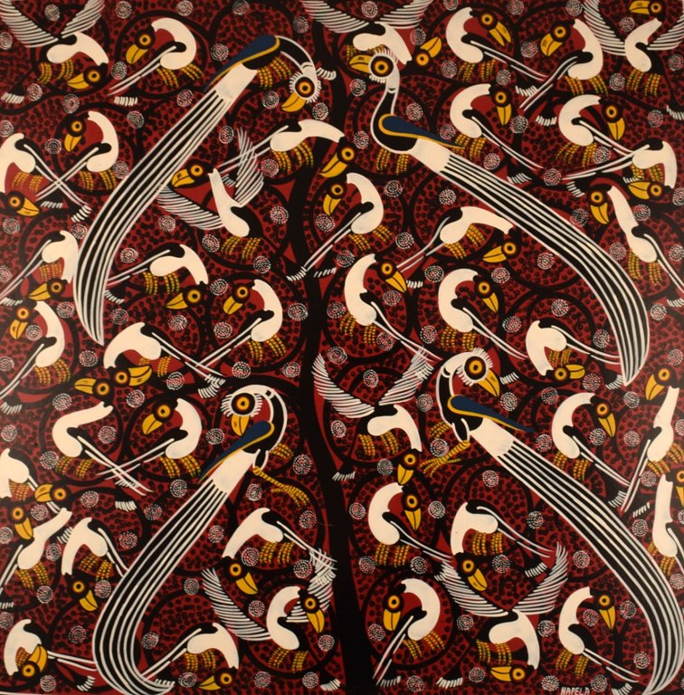 Hapela. Tinga Tinga. Oil on canvas. Naivist composition with giraffes and birds. Late 20th century.