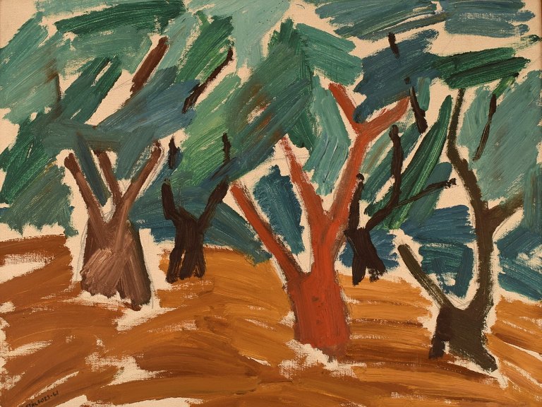 B. Stålfors, svensk kunstner. Olie på lærred. Modernistisk skovlandskab. Dateret 
1961.
