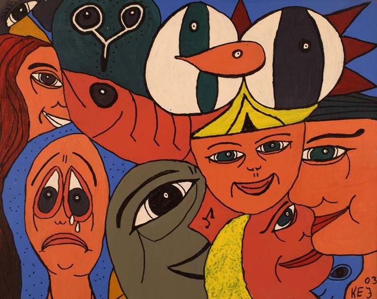 Elisabeth Jensen. Danish artist. Acrylic on canvas. "The sad and the happy". Figure composition. Dated 2003.