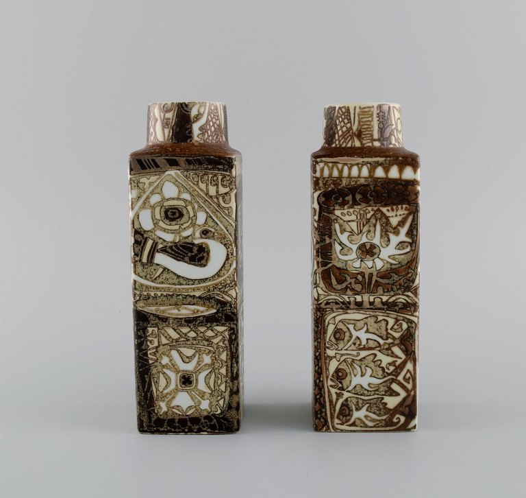 Nils Thorsson and Johanne Gerber for Aluminia, Royal Copenhagen. Two Baca vases decorated with birds and fish, patterned glaze in sand and light brown shades. 1970s.