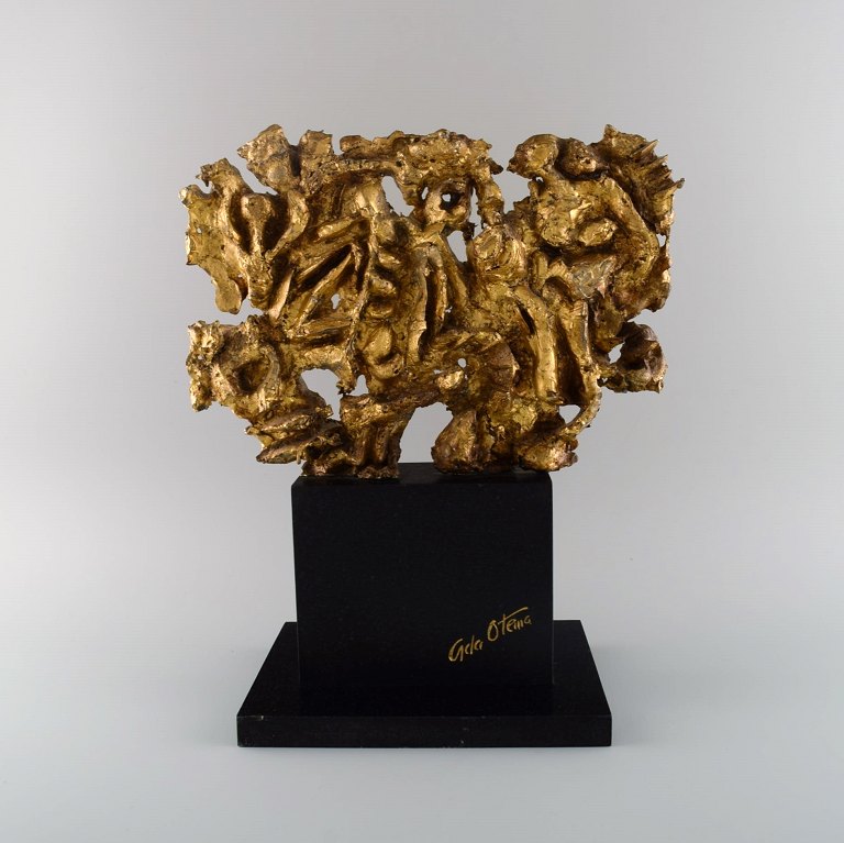 European sculptor. Large sculpture in gold decorated metal on marble plinth. Late 20th century.