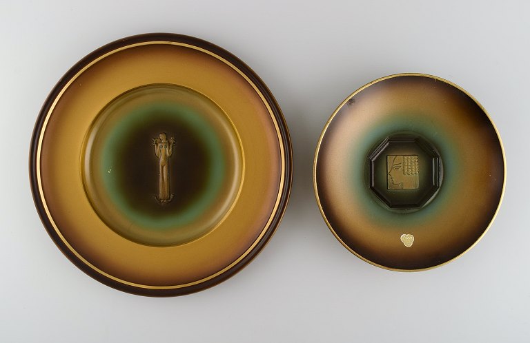 Zicu, Sweden. Two art deco dishes / bowls in patinated metal. Woman and face in relief. Mid 20th century.