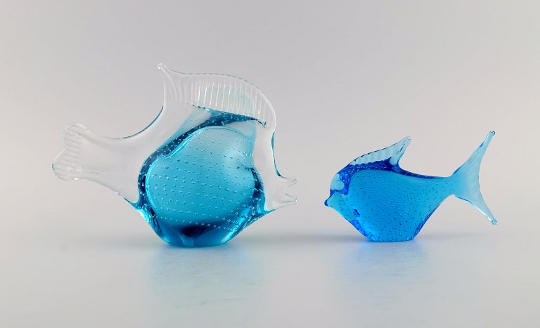 Ronneby, Sweden. Two fish in blue mouth-blown art glass. 1970s.