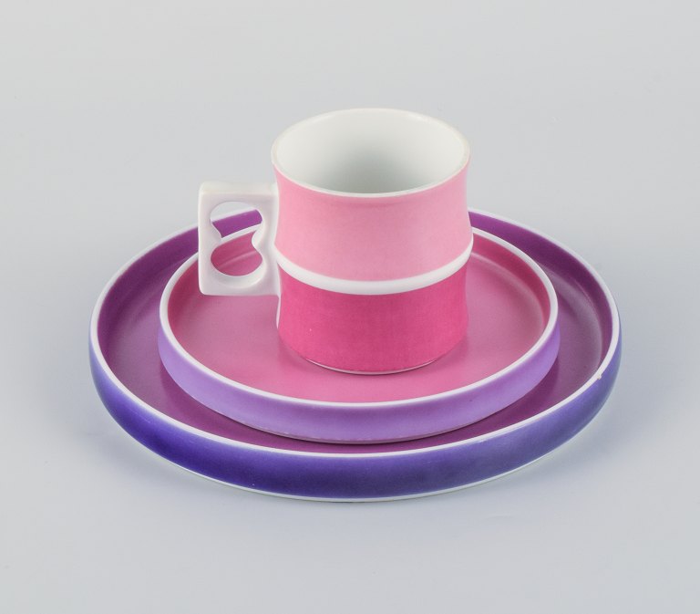 Arzberg, Germany, Chromatics coffee set with mug and two plates in shades of purple and pink.Late 20th century, Modernist.