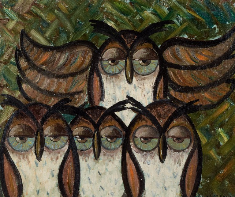 K. Herold J. Danish artist. Oil on canvas. Composition with owls.In perfect condition.