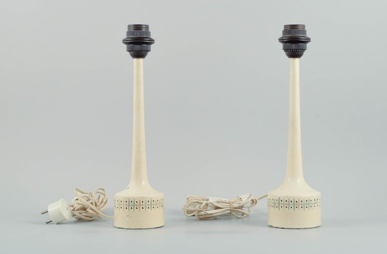 Hans Agne Jakobsson for Markaryd, a pair of retro wooden table lamps with decoration in polychrome pastel colours.