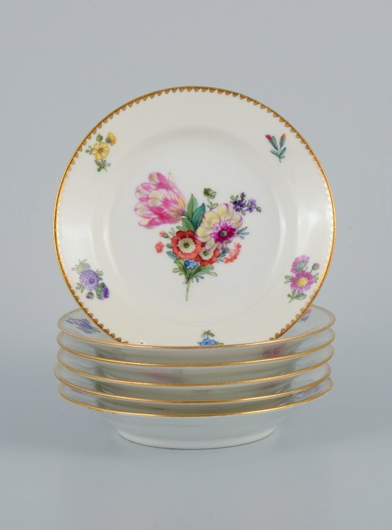 B&G, Bing & Grondahl Saxon flower.six cake plates decorated with flowers and gold trim.
