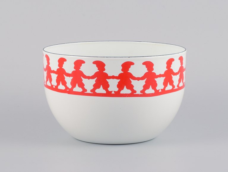 Kaj Franck, for Arabia, "Tonttu" enamelled metal bowl, decorated with dancing gnomes.
