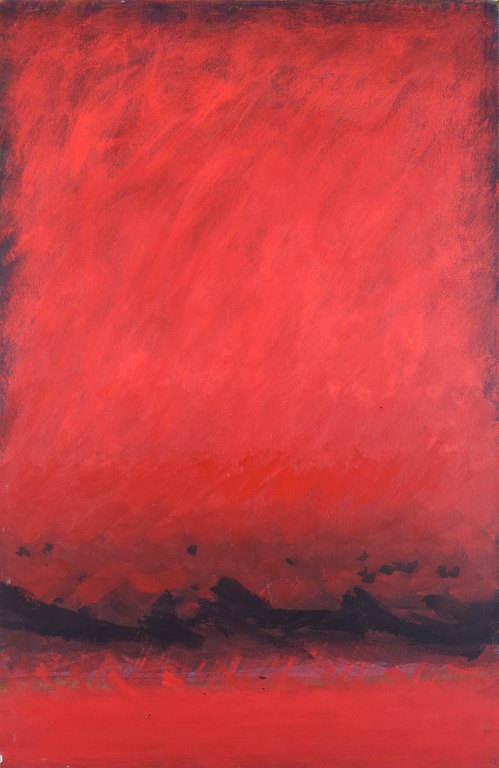 Monique Beucher (1934), fransk kunstner. Gouache på lærred.
Abstrakt komposition. Koloristisk palette.