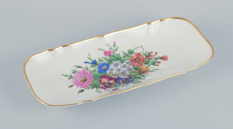 Bing & Grondahl, large rectangular platter hand-painted with polychrome flower motifs and gold trim.