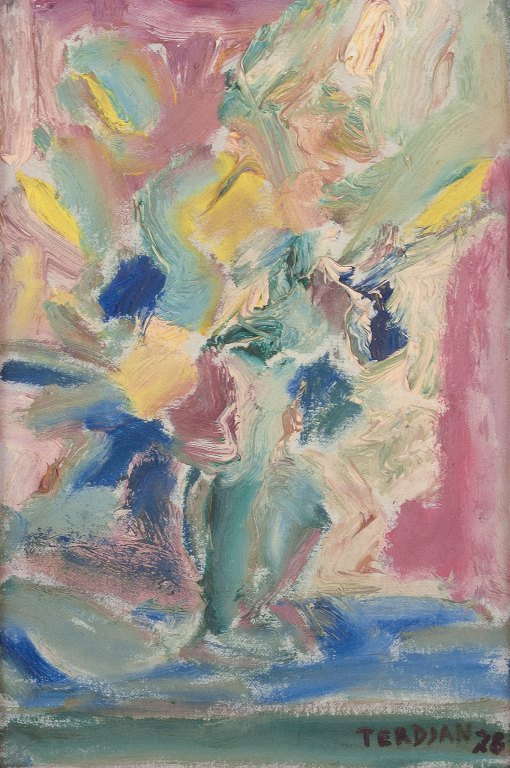 Joseph terdjan. 1925-2001, libanesisk kunstner, boede i Paris fra 1960´erne.Udstillinger i Paris og Beirut.Olie på lærred. Stilleben med blomst i en vase i abstrakt stil. Pastose strøg. Koloristisk palette.
