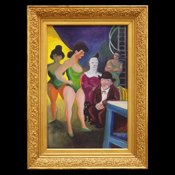 Storm P. Maleri. Robert Storm Petersen, 1882-1949, olie på lærred. "Bag Manegen" 1942. Signeret. Lysmål 87x67cm. Med ramme: 112x92cm