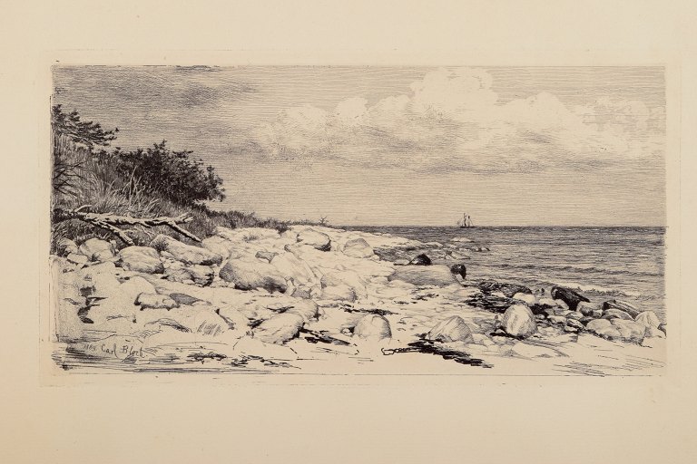 Carl Bloch (1834–1890). Etching of a Danish coastal landscape with a sailboat on the horizon. From the northern coast of Zealand, Hornbæk Plantation.